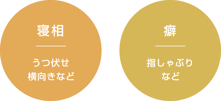 寝相（うつ伏せ横向きなど）、癖（指しゃぶりなど）